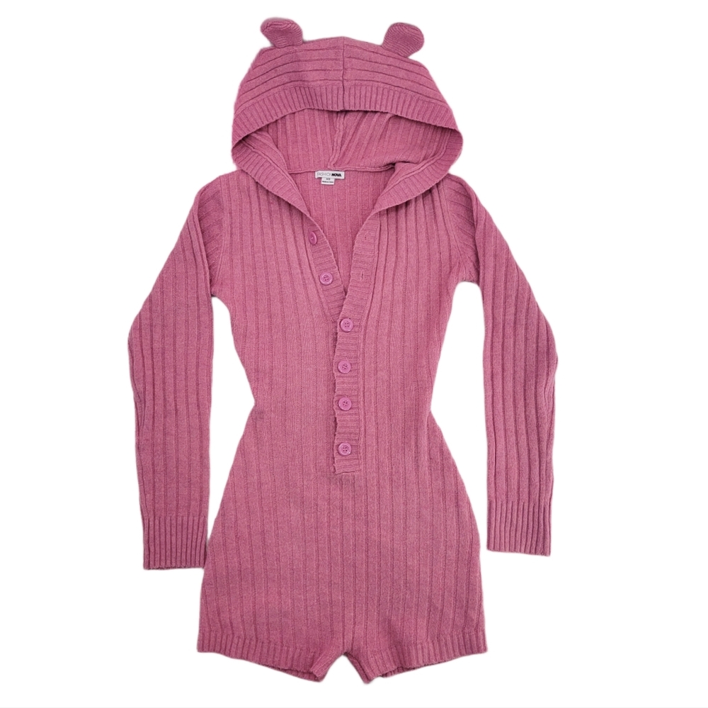 Fashion Nova Pink Ribbed Button Up Hooded Shorts Romper with Ears XS - Picture 4 of 5